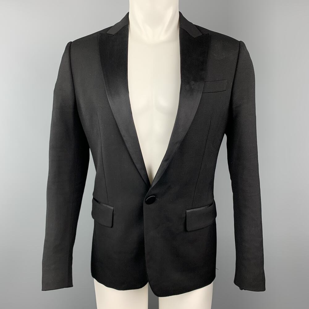 DSQUARED2 Size 40 Black Wool Blend Satin Peak Lapel Tuxedo Jacket